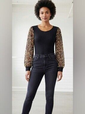 Cleo Black Ribbed Top with Sheer Leopard Blouson Sleeves XS , NWT